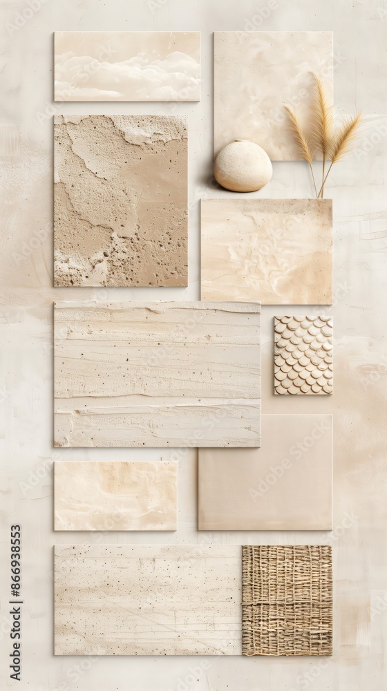 Obraz premium Interior designer is putting together a mood board with organic material and texture samples. This is perfect for showcasing warm, earthy tones for a home decor project