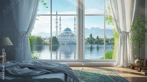 Bedroom window with mosque landscape by lake on sunny day. Serene view of Islamic architecture by tranquil waters under cSeamless looping 4k time-lapse virtual video animation background. Generated AI photo