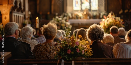A group of elderly people sit in a church, with a large bouquet of flowers in the center of the room. Scene is peaceful and serene, as the people are gathered together to worship