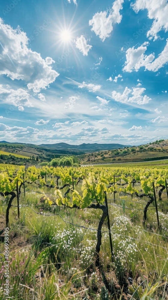 Fototapeta premium A picturesque view of a vineyard in Tuscany, Italy, with lush green vines, a bright blue sky, and scattered white clouds
