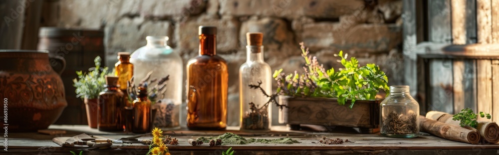 Rustic herbal apothecary with glass bottles and fresh herbs Rustic herbal apothecary with glass bottles and fresh herbs