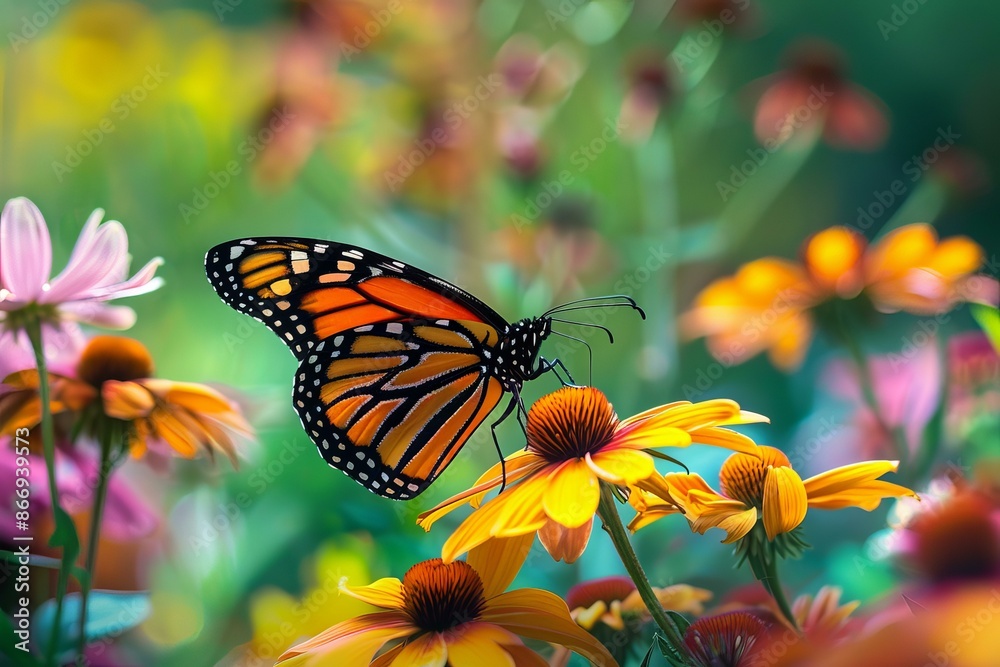 Monarch butterfly is enjoying the nectar of a bright yellow coneflower in a vibrant summer garden Monarch butterfly is enjoying the nectar of a bright yellow coneflower in a vibrant summer garden