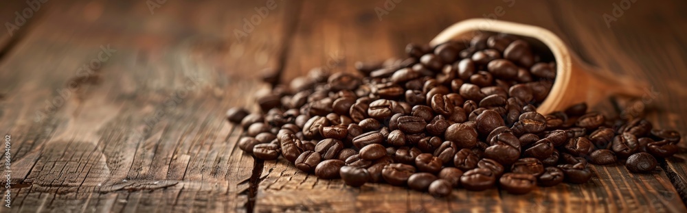 Heap of coffee beans on rustic wooden surface Heap of coffee beans on rustic wooden surface