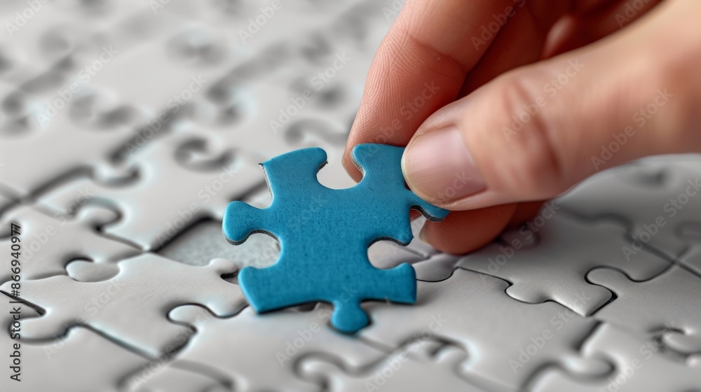 Hand Placing Blue Jigsaw Puzzle Piece on Grey Background Hand Placing Blue Jigsaw Puzzle Piece on Grey Background