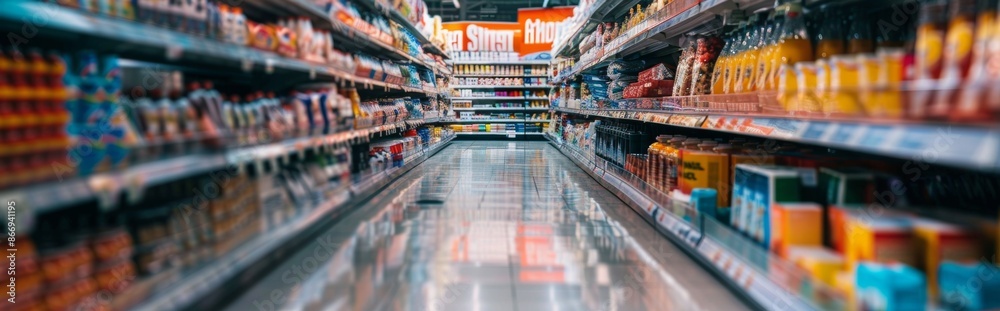 Aisle in a grocery store with various products on shelves Aisle in a grocery store with various products on shelves