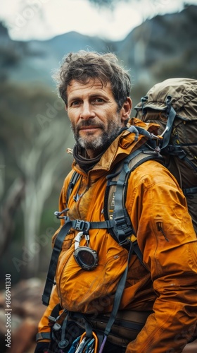 Australian man with mountain climbing gear, looking rugged