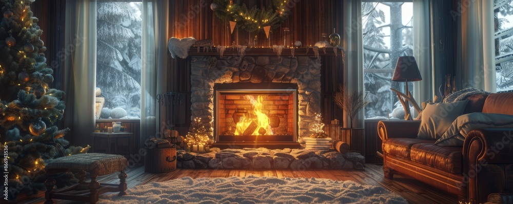 A cozy cabin fireplace in winter. Realistic. A cozy cabin fireplace in winter. Realistic.