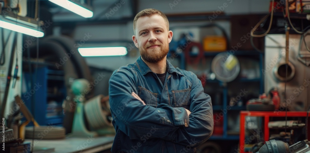 A man with a beard and a blue shirt is standing in a garage with his arms crossed. He is smiling and he is proud of his work A man with a beard and a blue shirt is standing in a garage with his arms crossed. He is smiling and he is proud of his work