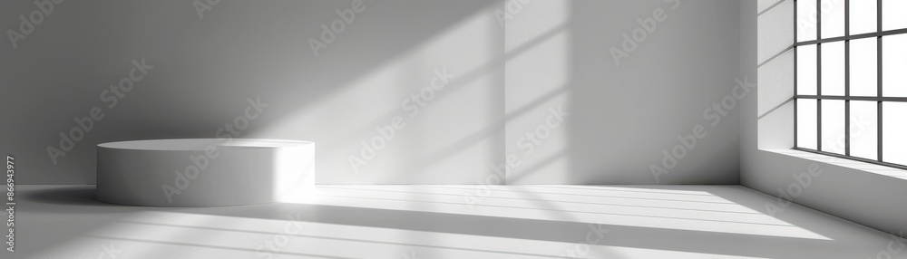 custom made wallpaper toronto digitalSunlight streaming through large windows into an empty minimalist room with a round platform, casting shadows. Modern interior design concept.