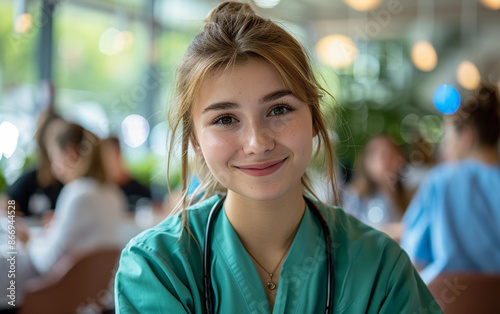 A young woman wearing a teal medical scrub top and stethoscope smiles for the camera while sitting in a cafe © imagineRbc