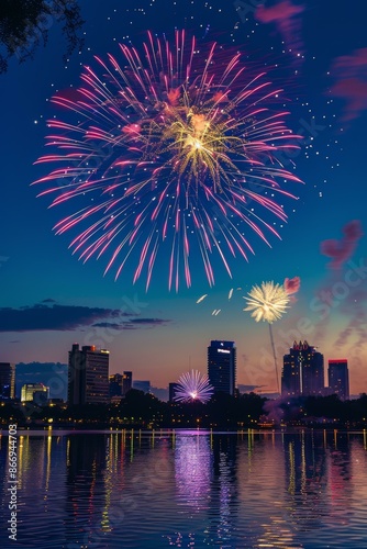 Fireworks illuminate Orlando skyline over lake Eola during festive evening celebration, holiday promotions
