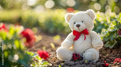 Plush teddy bear with red bow sitting in garden with colorful flowers and soft sunlight bokeh in background