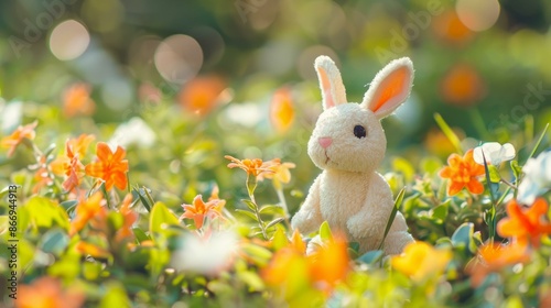 Plush bunny toy nestled among vibrant spring flowers in a sunny garden setting. © Studium L&M
