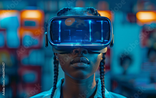 A woman is wearing a VR headset and is experiencing a virtual reality world. The headset is displaying blue and white colors, giving the viewer a glimpse into the virtual world © imagineRbc