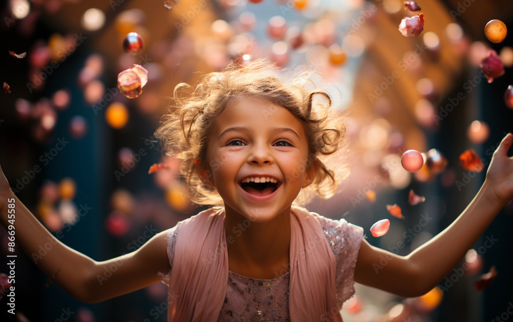 A young girl with curly hair laughs and smiles as she plays in a shower of falling rose petals A young girl with curly hair laughs and smiles as she plays in a shower of falling rose petals