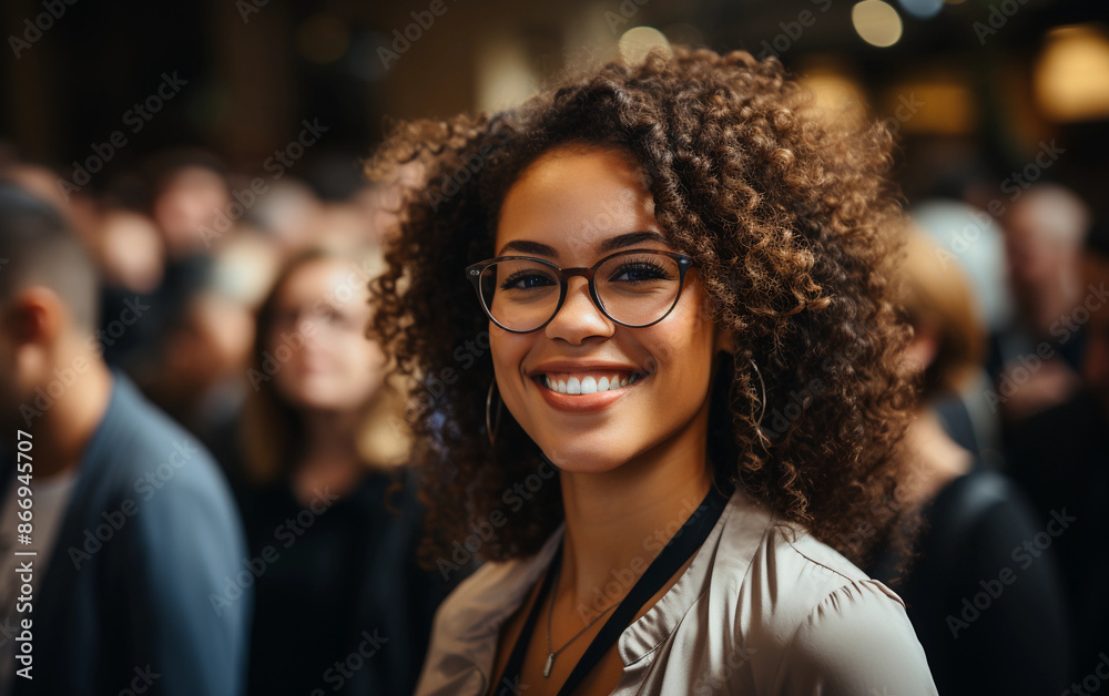 A smiling woman with curly hair wearing glasses and a beige jacket stands out in a crowd of people at a social gathering A smiling woman with curly hair wearing glasses and a beige jacket stands out in a crowd of people at a social gathering