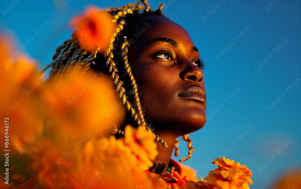 A close-up portrait of a woman with braided hair against a blue sky A close-up portrait of a woman with braided hair against a blue sky