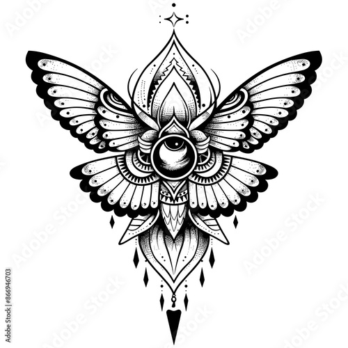 A butterfly with a large eye in the center of its body. The butterfly is surrounded by a lot of detail, including a flower and a star. Scene is elegant and intricate