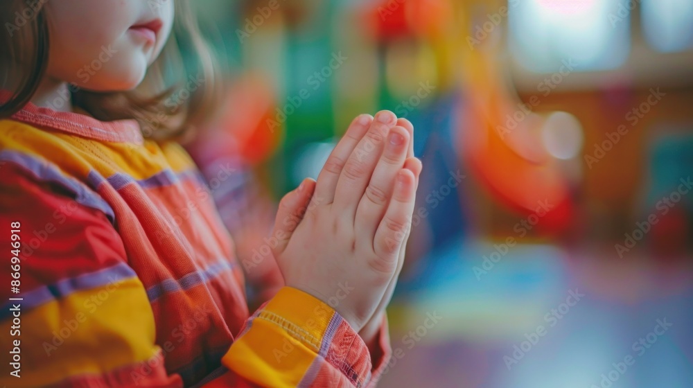A young girl is praying with her hands clasped together. Concept of innocence and spirituality, as the child is engaged in a religious practice. The colorful surroundings, including the red A young girl is praying with her hands clasped together. Concept of innocence and spirituality, as the child is engaged in a religious practice. The colorful surroundings, including the red