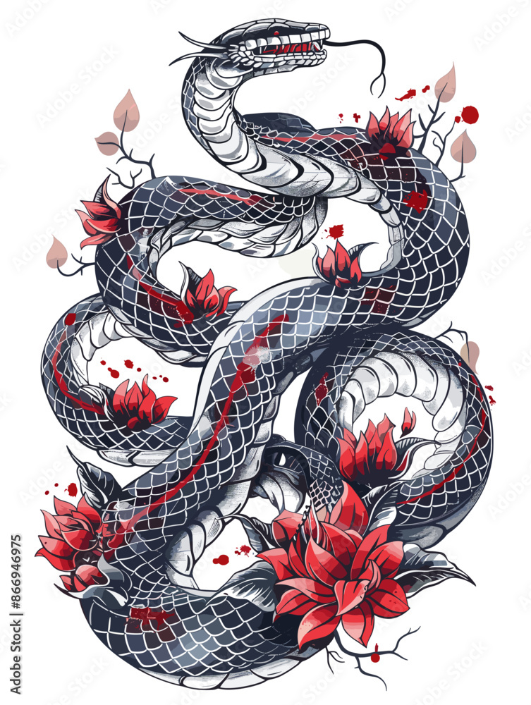 Obraz premium A snake with red flowers on it