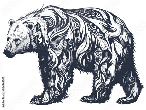 A bear with a lot of hair on it. It looks like it's in a painting. The bear is walking on a white background