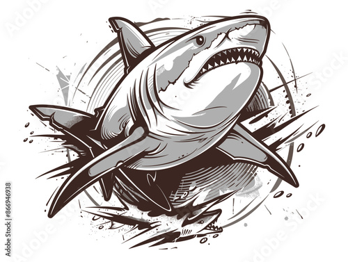 A shark is shown in a black and white drawing. The shark is in the middle of the image and is surrounded by water. The shark is depicted as being in motion, possibly swimming or attacking