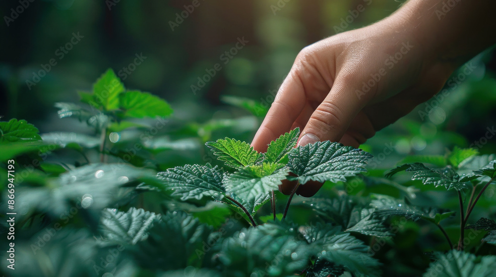 Fototapeta premium A hand is touching a leafy green plant. The plant is lush and green, and the hand is gentle and careful as it touches the leaves. Concept of calm and appreciation for nature