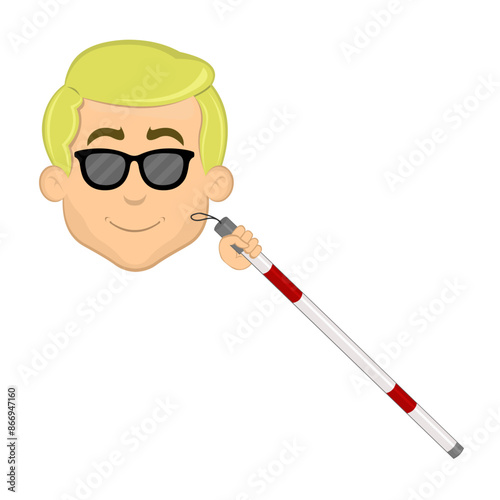 vector illustration face man cartoon blonde, blind man with a cane in his hand and sunglasses