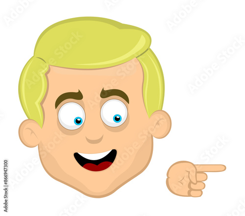 vector illustration face man cartoon blonde and blue eyes, with the index finger of the hand pointing