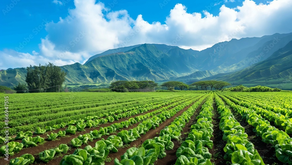 A beautiful view of vast green vegetable fields with mountainous background under a bright blue sky. A beautiful view of vast green vegetable fields with mountainous background under a bright blue sky.