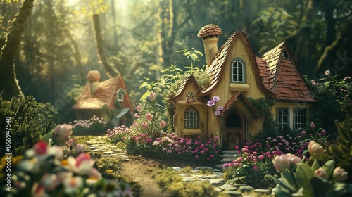 Charming Fairytale Houses with Flower Bushes: Cute Forest Homes and Funny Bunnies in Vintage Style