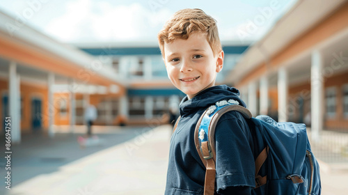 Schoolboy Smiling in Courtyard