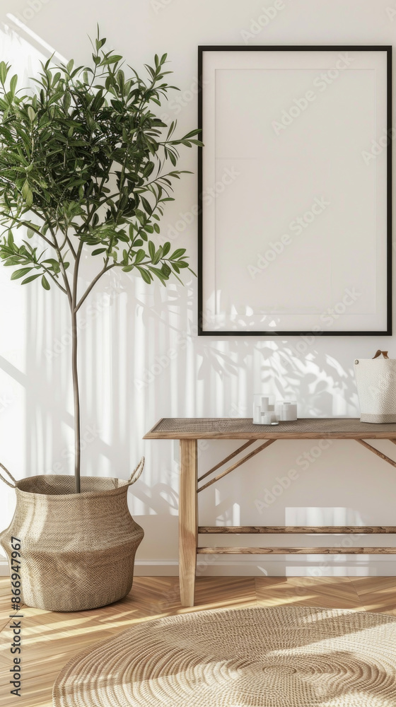 A minimalist interior design with a potted plant, a wooden console table, and a round rug in a bright, natural light setting A minimalist interior design with a potted plant, a wooden console table, and a round rug in a bright, natural light setting