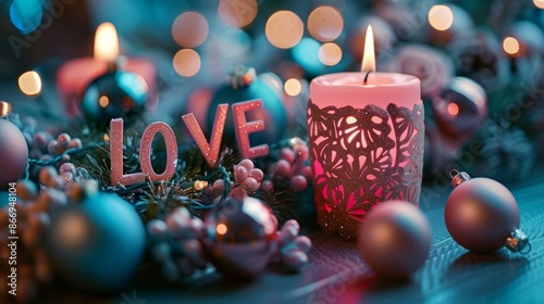 Romantic Candlelit LOVE Decoration with Festive Ornaments photo