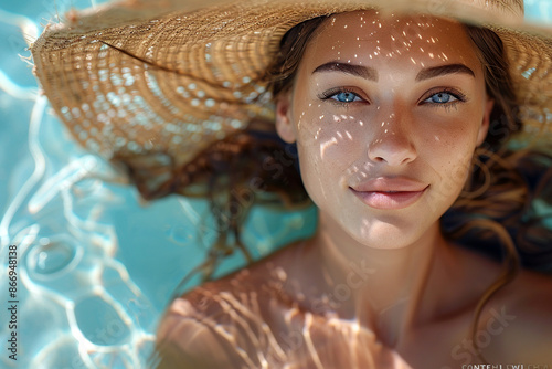 Sunlit Serenity. A woman in a straw hat enjoys relaxing in a pool