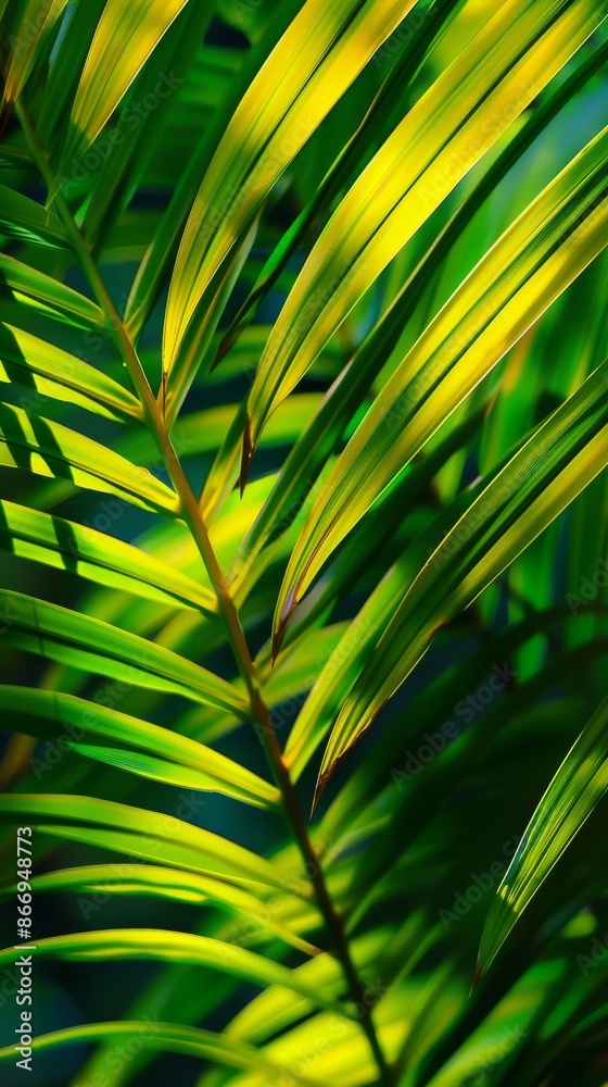Close-up of vibrant green palm leaves with sunlight, tropical plant, nature background Close-up of vibrant green palm leaves with sunlight, tropical plant, nature background