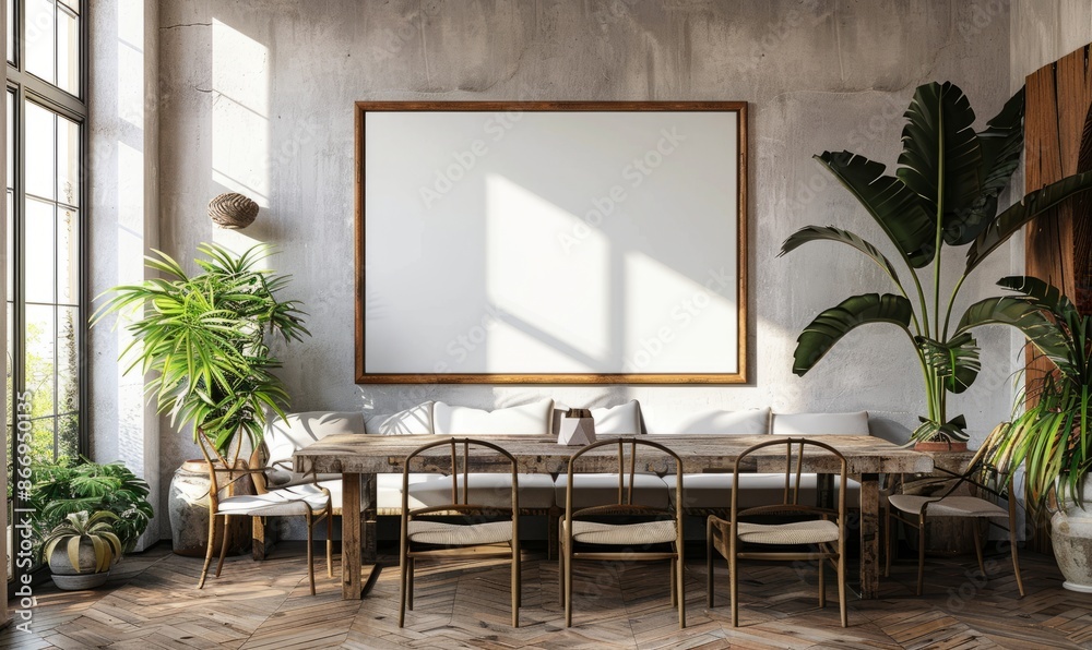 Cozy dining room with a blank frame on the wall