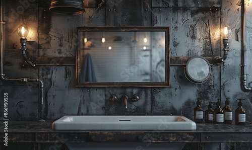 Industrial bathroom with an empty frame above the sink