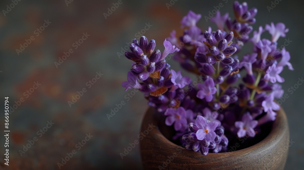 Fototapeta premium A vase of purple flowers sits on a table