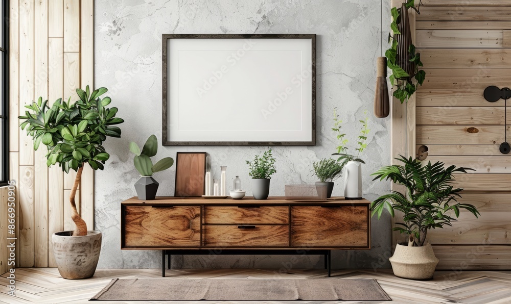 Cozy dining room with an empty frame on the sideboard Cozy dining room with an empty frame on the sideboard