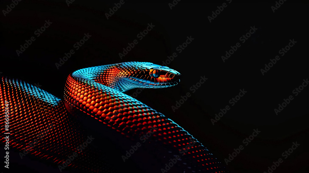 Obraz premium Beautiful large iridescent snake on a black background with space for text