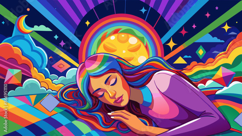 Colorful illustration of a woman with rainbow hair sleeping, surrounded by vibrant geometric shapes and abstract elements, including sun and crescent moon, evoking a dreamlike and surreal atmosphere