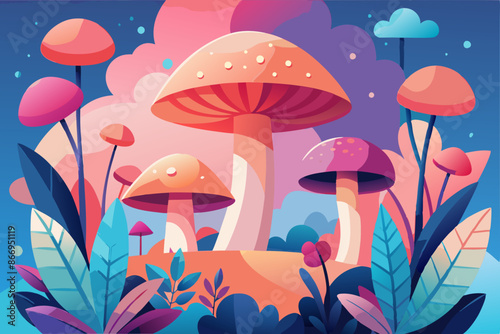 
Colorful fantasy landscape featuring oversized mushrooms and abstract foliage under a vibrant sky with clouds, in a whimsical and enchanting style