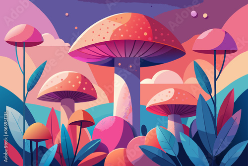 Colorful fantasy landscape with large mushrooms and vibrant plants under a whimsical sky, creating a surreal and enchanting scene with bold, abstract shapes and vivid hues