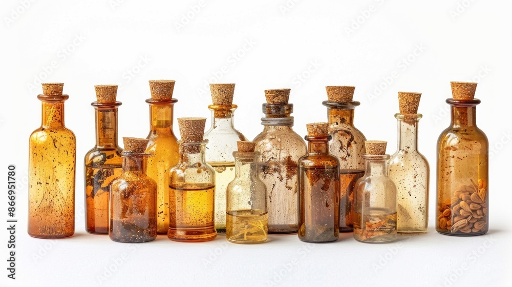 A row of glass bottles with cork stoppers A row of glass bottles with cork stoppers