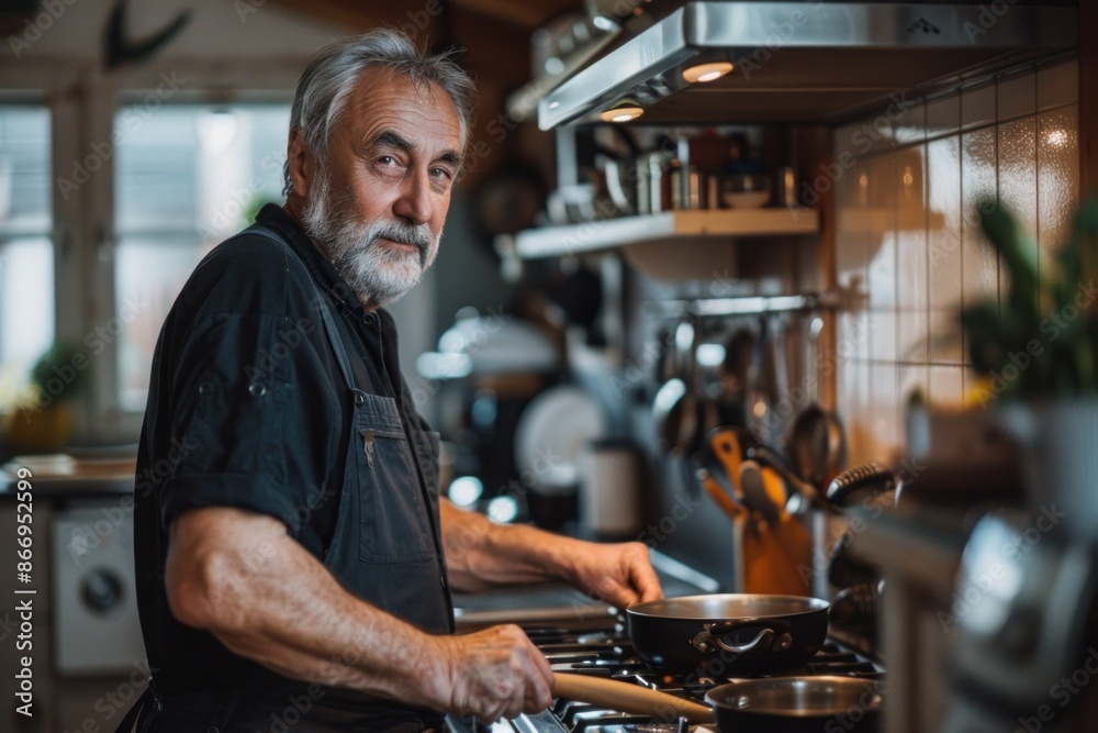A man in a black apron stands in a kitchen, preparing food. The kitchen is well-stocked with various utensils and appliances, including a stove, oven, and sink. The man is focused on his task A man in a black apron stands in a kitchen, preparing food. The kitchen is well-stocked with various utensils and appliances, including a stove, oven, and sink. The man is focused on his task