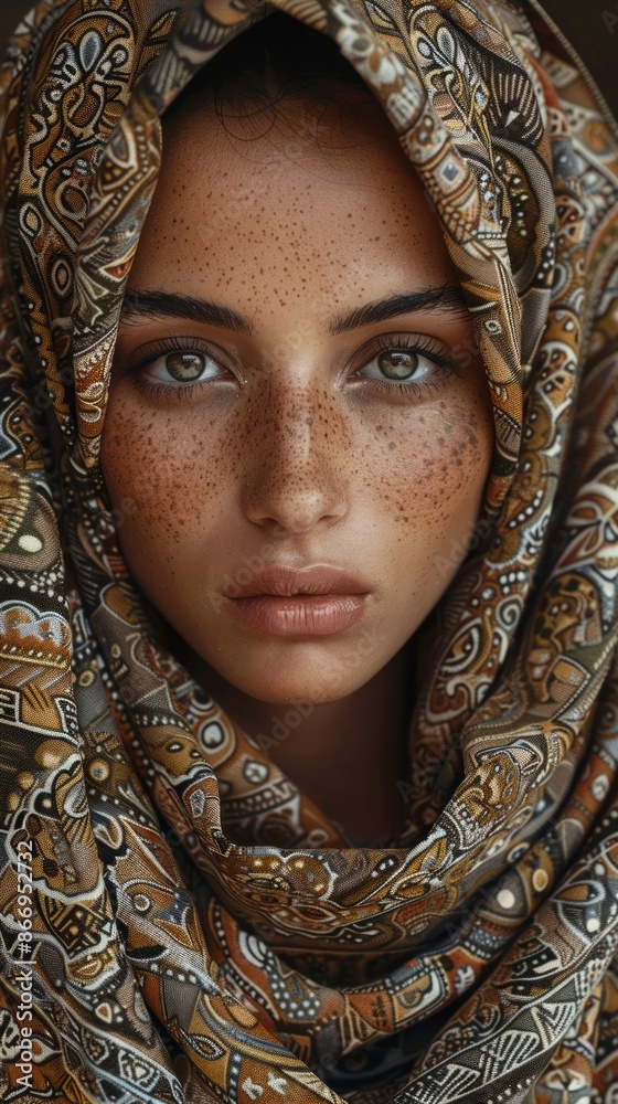 Moroccan woman with a patterned headscarf, looking serene Moroccan woman with a patterned headscarf, looking serene