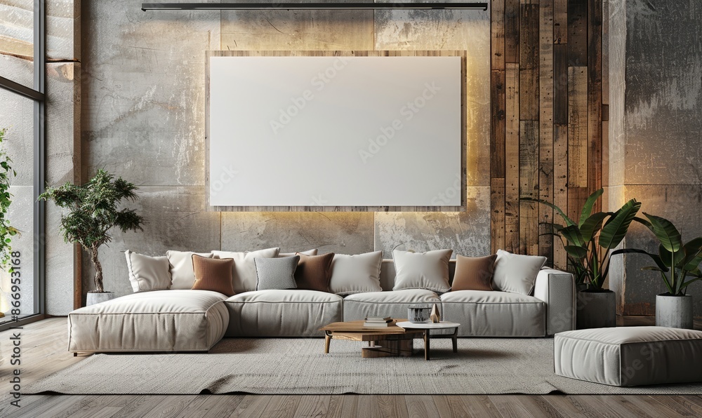 Elegant living room with a blank canvas on the shelf Elegant living room with a blank canvas on the shelf