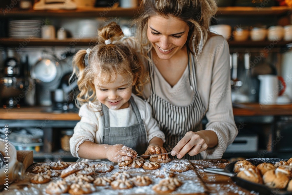 A woman and a little girl are making cookies together in a kitchen. The woman is wearing an apron and the girl is wearing a white shirt. They are both smiling and seem to be enjoying themselves A woman and a little girl are making cookies together in a kitchen. The woman is wearing an apron and the girl is wearing a white shirt. They are both smiling and seem to be enjoying themselves