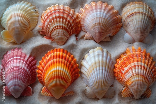 A close-up collection of various colorful seashells neatly arranged on a sandy surface, highlighting the natural beauty and intricacy of seashell patterns and seaside treasures.